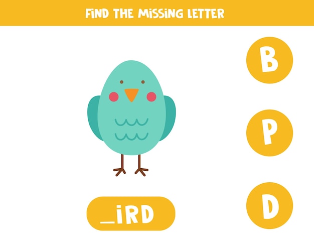 Encontre a letra perdida bonito pássaro azul jogo de ortografia educacional para crianças