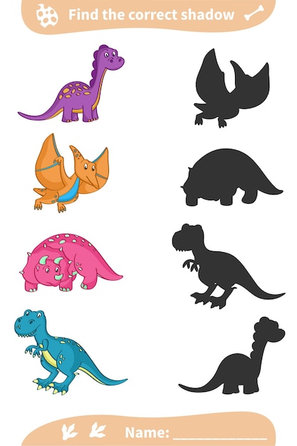 Encontre a sombra correta. dinossauros coloridos bonitos. planilha pré-escolar.