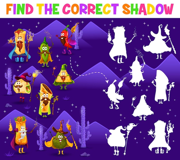 Encontre a sombra correta dos assistentes de desenho animado tex mex