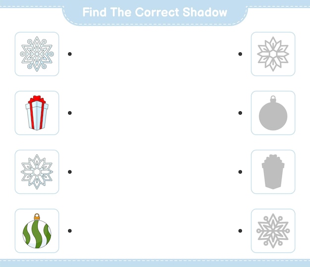 Encontre a sombra correta encontre e combine a sombra correta da bola e caixa de natal do floco de neve
