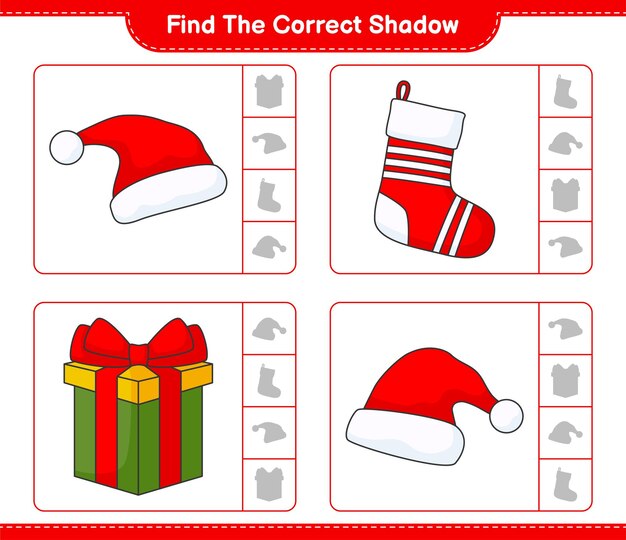 Encontre a sombra correta encontre e combine a sombra correta da caixa de presente e da meia do chapéu do papai noel
