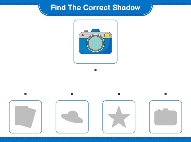 Encontre a sombra correta. encontre e combine a sombra correta da câmera. jogo educativo para crianças, planilha para impressão, ilustração vetorial