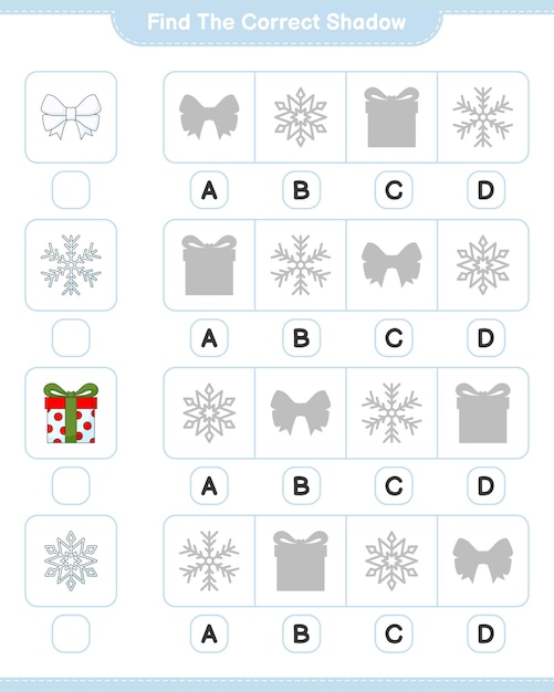 Encontre a sombra correta. encontre e combine a sombra correta da fita, floco de neve e caixa de presente. jogo educativo para crianças, planilha para impressão, ilustração vetorial