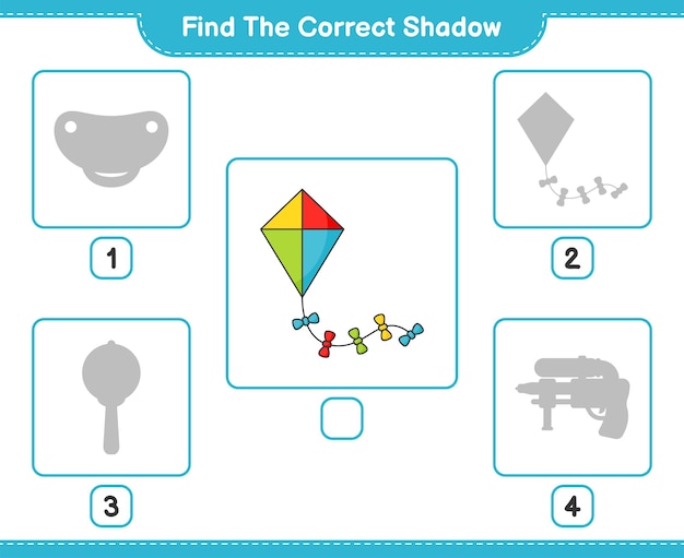 Encontre a sombra correta encontre e combine a sombra correta da ilustração vetorial de planilha imprimível do jogo infantil kite educational