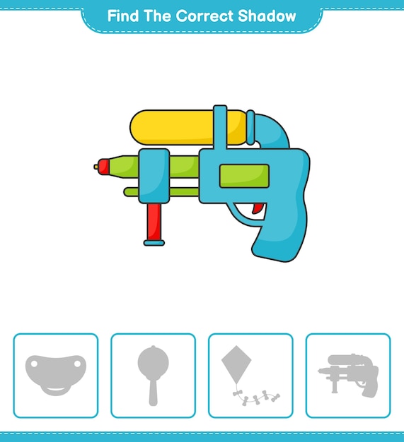 Encontre a sombra correta encontre e combine a sombra correta da planilha para impressão do jogo educacional de water gun para crianças ilustração vetorial