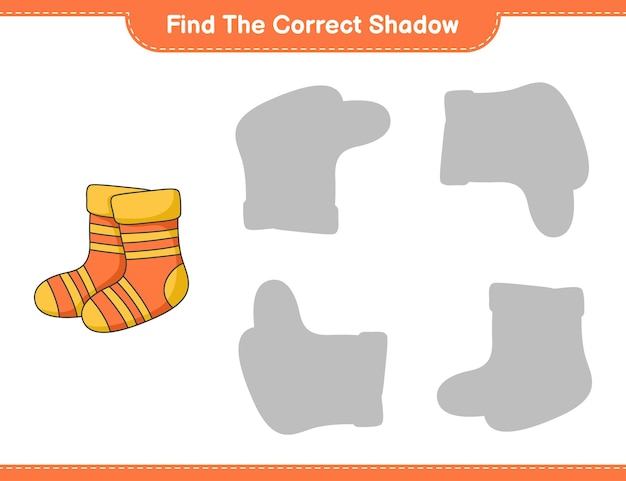 Encontre a sombra correta. encontre e combine a sombra correta das meias. jogo educativo para crianças, planilha para impressão, ilustração vetorial