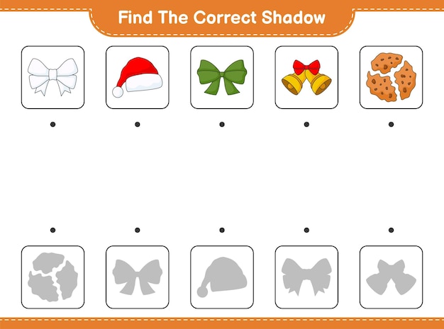Encontre a sombra correta. encontre e combine a sombra correta de faixa de opções, chapéu de papai noel, sino de natal e cookies. jogo educativo para crianças, planilha para impressão, ilustração vetorial