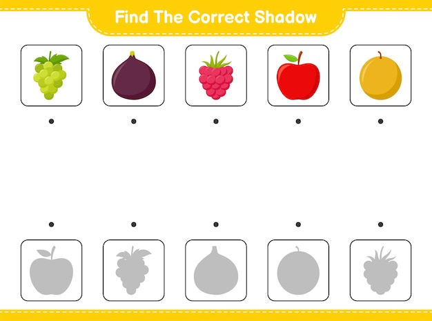 Encontre a sombra correta. encontre e combine a sombra correta de frutas. jogo educativo para crianças, planilha para impressão