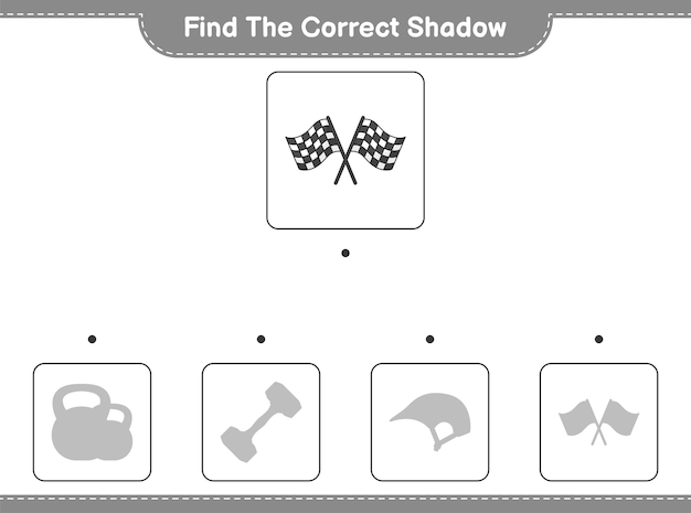 Encontre a sombra correta. encontre e combine a sombra correta de racing flags. jogo educativo para crianças, planilha para impressão