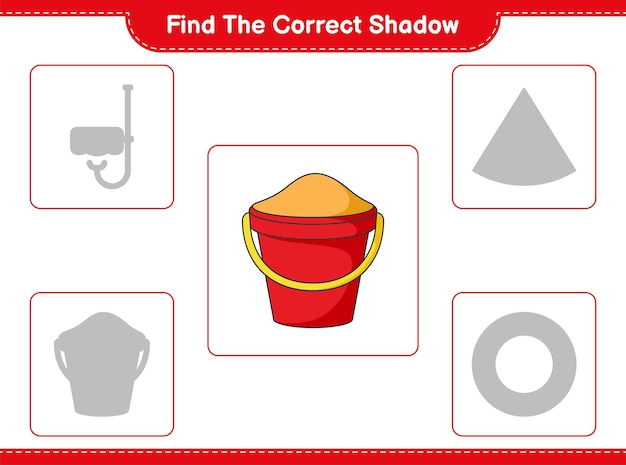 Encontre a sombra correta. encontre e combine a sombra correta do balde de areia. jogo educativo para crianças, planilha para impressão, ilustração vetorial