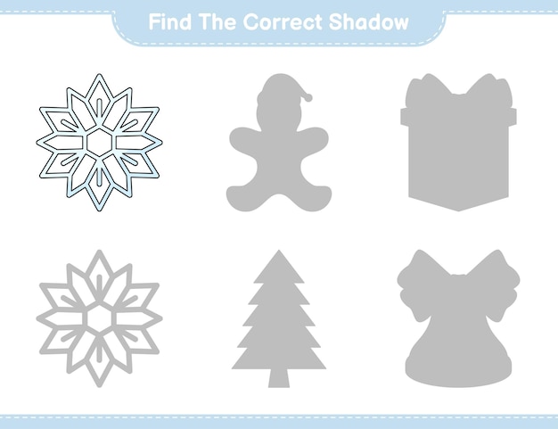 Vetor encontre a sombra correta encontre e combine a sombra correta do jogo infantil snowflake educacional