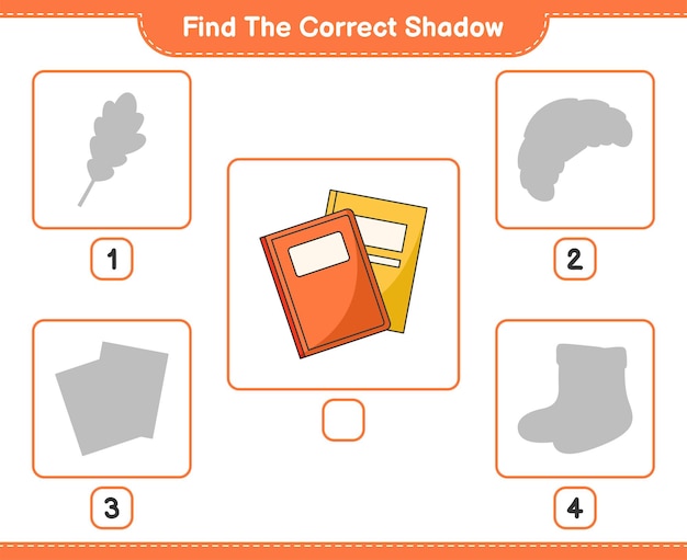 Encontre a sombra correta. encontre e combine a sombra correta do livro. jogo educativo para crianças, planilha para impressão, ilustração vetorial