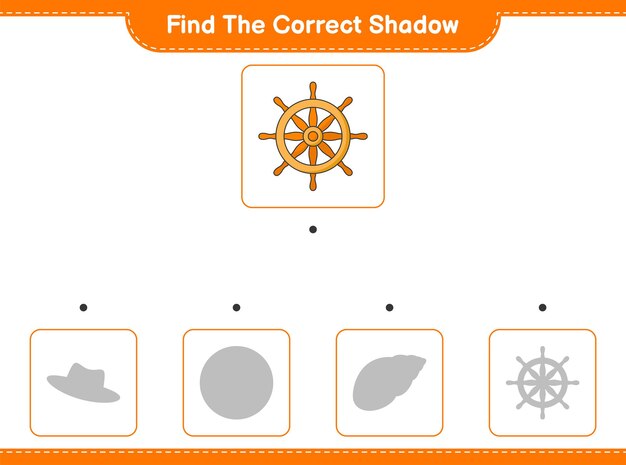 Encontre a sombra correta. encontre e combine a sombra correta do volante do navio. jogo educativo para crianças, planilha para impressão, ilustração vetorial