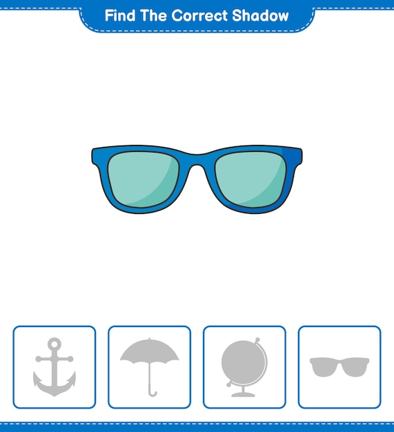 Encontre a sombra correta. encontre e combine a sombra correta dos óculos de sol. jogo educativo para crianças, planilha para impressão, ilustração vetorial