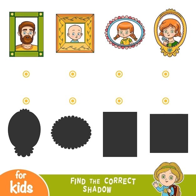 Encontre a sombra correta, jogo de educação para crianças. combine retratos por formato.