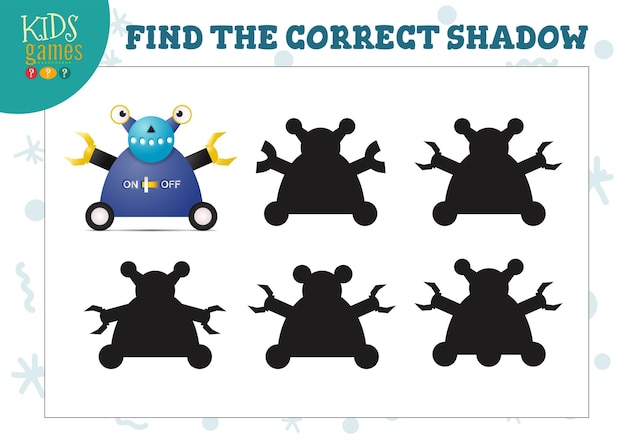 Encontre a sombra correta para o mini-jogo educacional para crianças pré-escolares do robô bonito dos desenhos animados. ilustração vetorial com 5 silhuetas para teste de correspondência de sombras