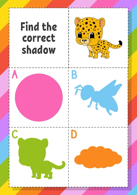 Encontre a sombra correta planilha de desenvolvimento de educação para crianças jogo de quebra-cabeça personagem de desenho animado de página de atividade