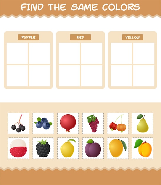 Encontre as mesmas cores de frutas. pesquisa e jogo de correspondência. jogo educativo para crianças e bebês antes da idade escolar