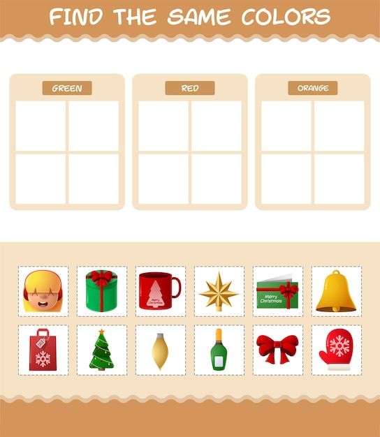 Encontre as mesmas cores do natal. busca e jogo de correspondência. jogo educativo para crianças e bebês antes da idade escolar