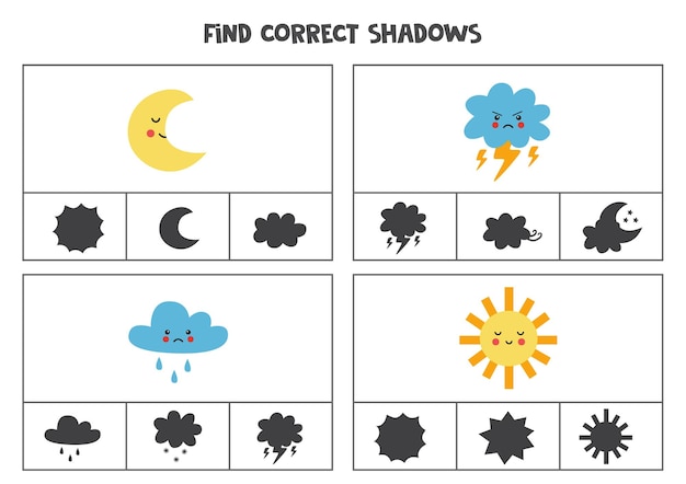 Encontre as sombras corretas de elementos de clima bonitos. Cartões de clipe para crianças pré-escolares.