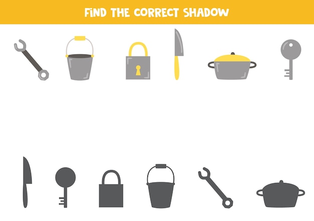 Encontre as sombras corretas de objetos de metal quebra-cabeça lógico para crianças