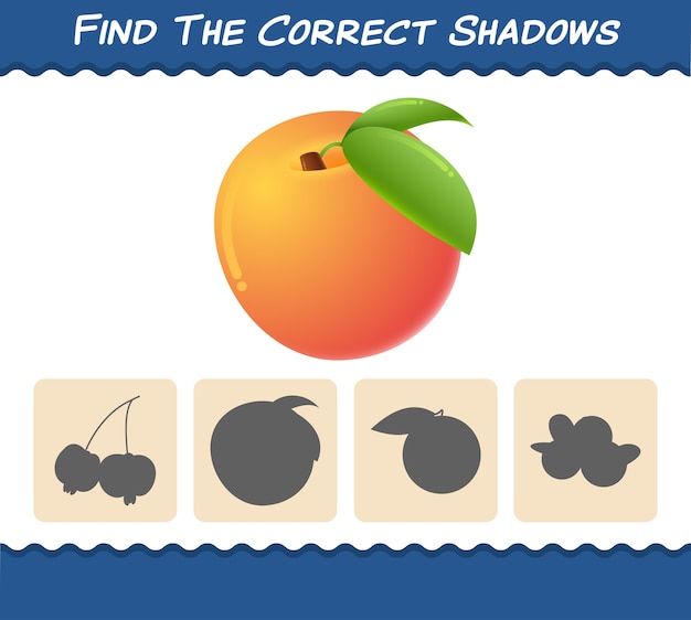 Encontre as sombras corretas de pêssegos de desenho animado. busca e jogo de correspondência. jogo educativo para crianças e bebês antes da idade escolar