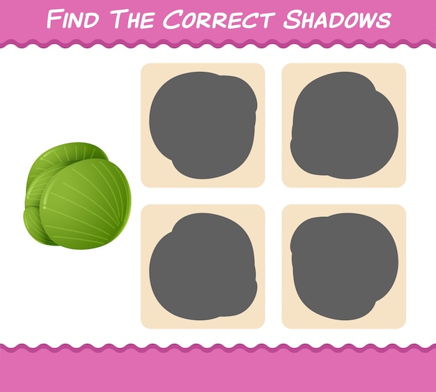 Encontre as sombras corretas do repolho verde dos desenhos animados. busca e jogo de correspondência. jogo educativo para crianças e bebês antes da idade escolar