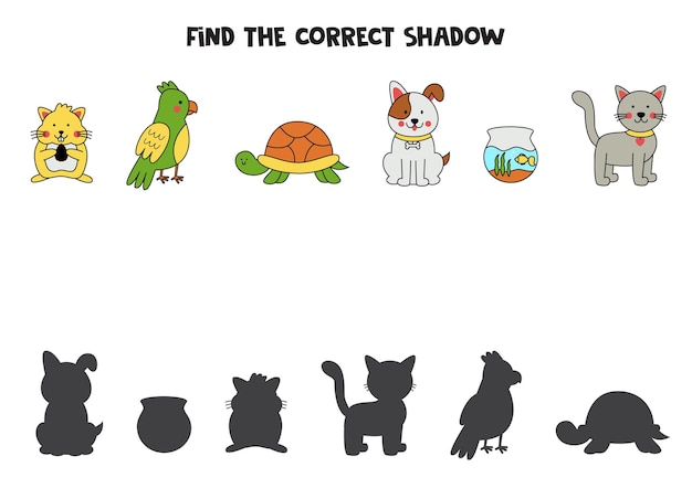 Encontre as sombras corretas dos animais de estimação dos desenhos animados quebra-cabeça lógico para crianças