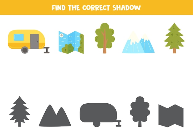 Encontre as sombras corretas dos elementos de acampamento dos desenhos animados quebra-cabeça lógico para crianças