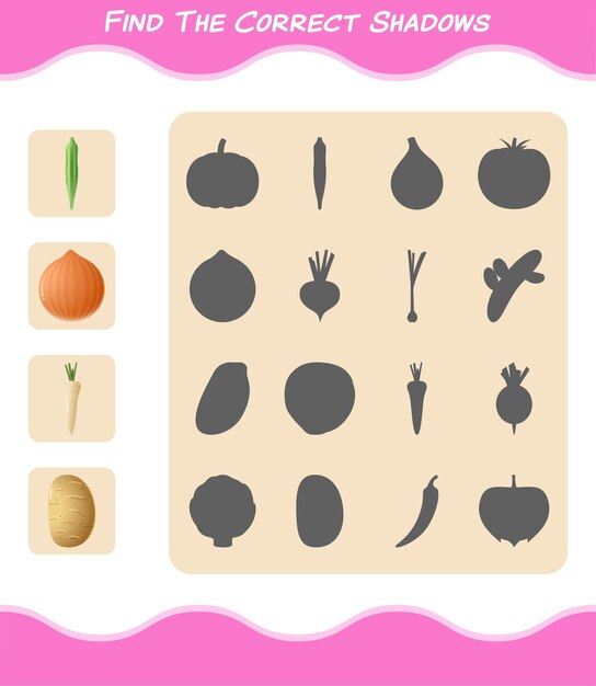 Encontre as sombras corretas dos vegetais dos desenhos animados. busca e jogo de correspondência. jogo educativo para crianças e bebês antes da idade escolar