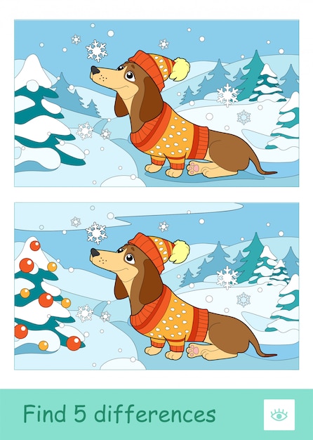 Encontre cinco perguntas sobre diferenças que aprendem o jogo infantil com a imagem de um cachorro de chapéu e suéter sentado na neve perto do abeto. imagem colorida de animais de estimação. atividade de desenvolvimento para crianças.