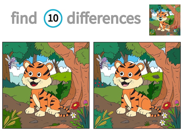 Encontre diferenças de jogo educacional para crianças ilustração vetorial de tigre fofo e libélula na floresta