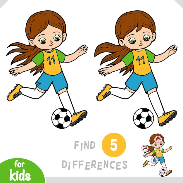 Encontre diferenças, jogo educativo para crianças, jogadora de futebol com uma bola