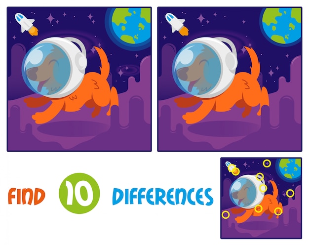 Encontre diferenças jogo interativo de educação lógica para crianças. cão bonito sorriso laranja no astronauta de capacete de traje espacial que. corra em outro planeta ou galáxia espaço aberto com estrelas terra azul