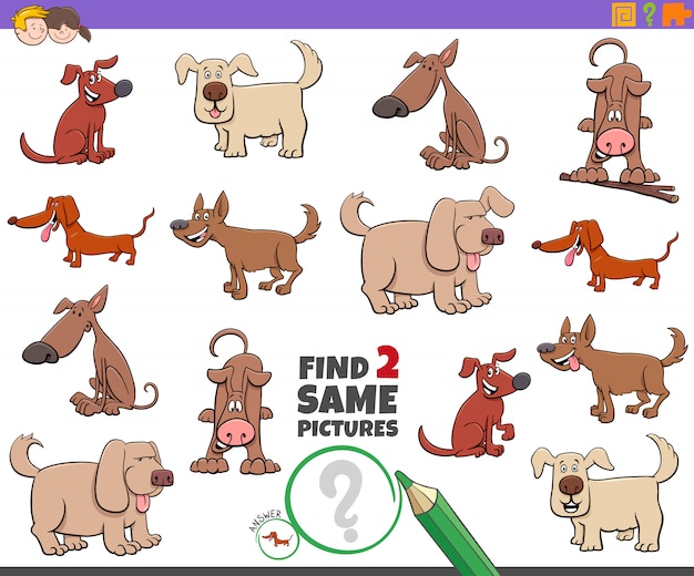 Encontre dois jogos de personagens de cães iguais para crianças