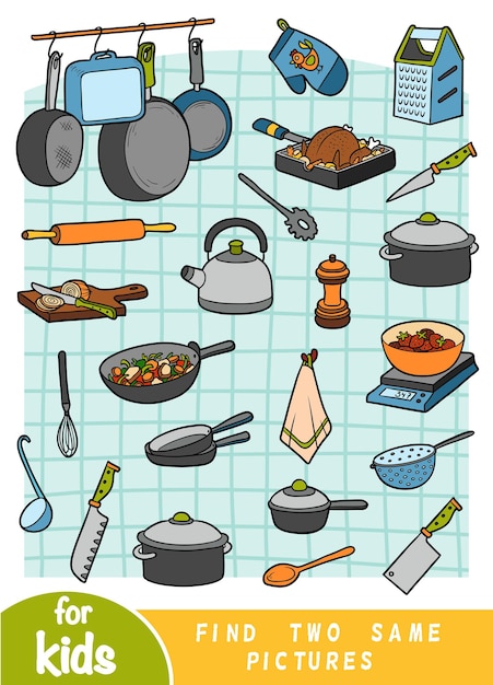 Encontre dois jogos educativos iguais para crianças conjunto de cores de objetos de cozinha