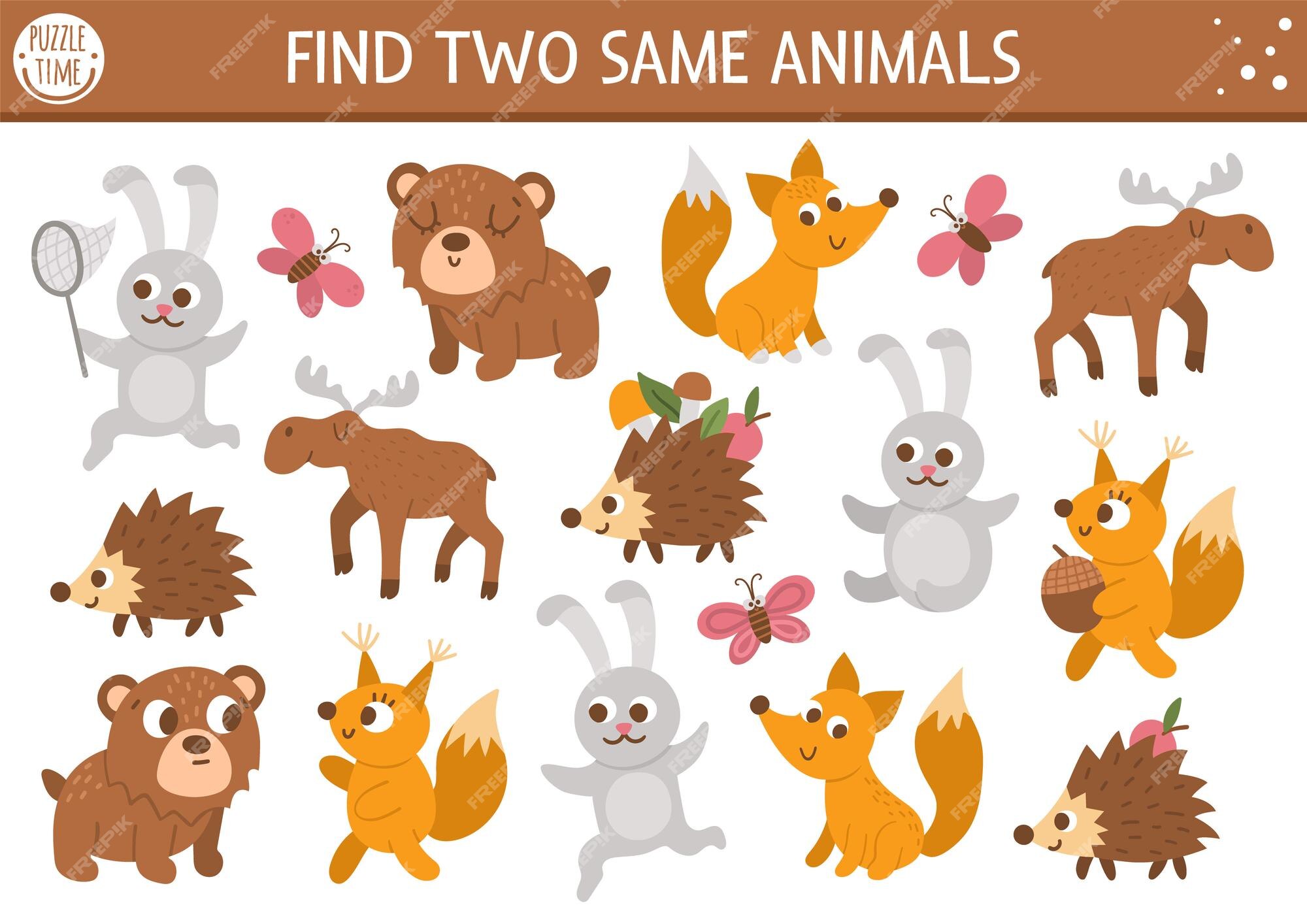 encontrar dois mesmos animais. atividade de correspondência de floresta  para crianças. planilha de quiz lógico educacional engraçado da floresta  para crianças. jogo para impressão simples com urso fofo, esquilo, coelho,  raposa, alce