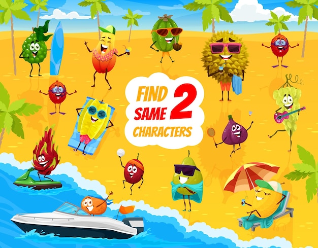 Encontre dois mesmos personagens de frutas de desenho animado na praia