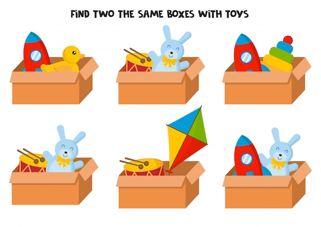 Encontre duas caixas iguais com brinquedos coloridos.