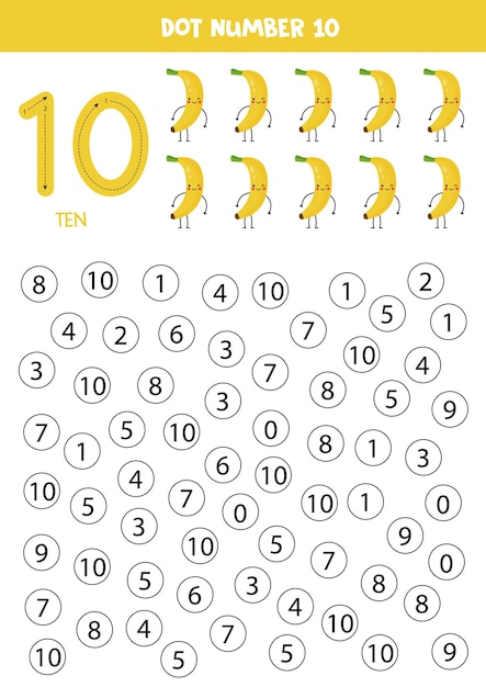 Vetor encontre e ponta o número dez aprendendo o número 10 com bananas bonitas ficha de trabalho educacional