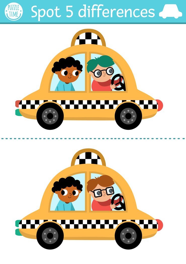 Vetor encontre jogos de diferenças para crianças atividade educacional de transporte com táxi bonito com passageiro e motorista puzzle bonito para crianças com transporte engraçado ficha de trabalho ou página imprimível com cabxa