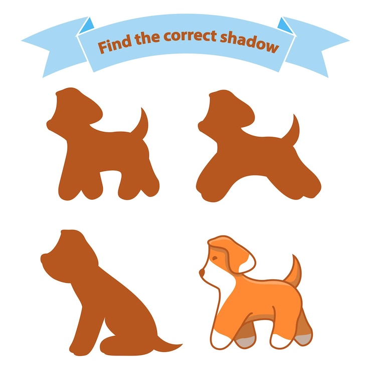 Vetor encontre o cão de sombra correto jogo educacional para crianças cachorrinho bonito