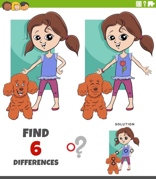 Encontre o jogo de diferenças com a garota dos desenhos animados e seu cachorro