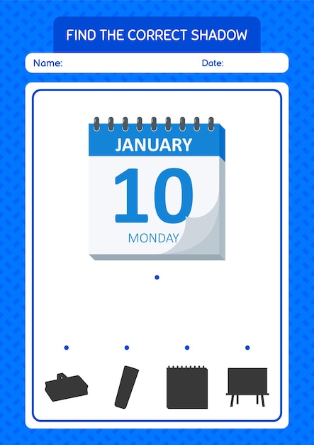 Encontre o jogo de sombras correto com a planilha de calendário para a folha de atividades de crianças pré-escolares