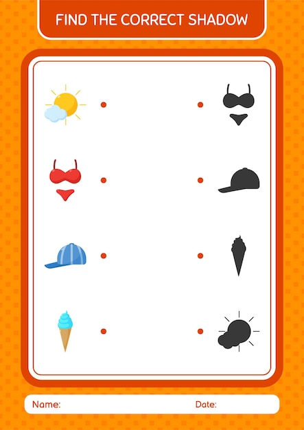 Encontre o jogo de sombras correto com a planilha de ícones de verão para a folha de atividades de crianças pré-escolares