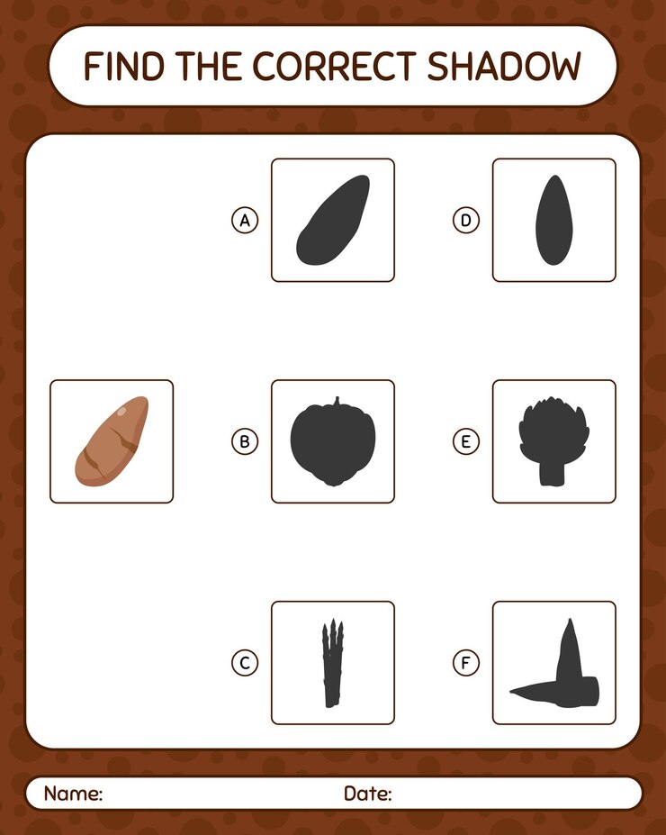 Encontre o jogo de sombras correto com a planilha de raiz de inhame para a folha de atividades de crianças pré-escolares