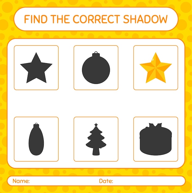 Encontre o jogo de sombras correto com enfeite de natal. planilha para crianças em idade pré-escolar, planilha de atividades para crianças