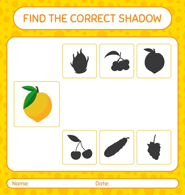 Encontre o jogo de sombras correto com fruta-ovo. planilha para crianças em idade pré-escolar, planilha de atividades para crianças