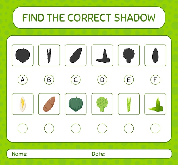Encontre o jogo de sombras correto com legumes. planilha para crianças pré-escolares, folha de atividades para crianças