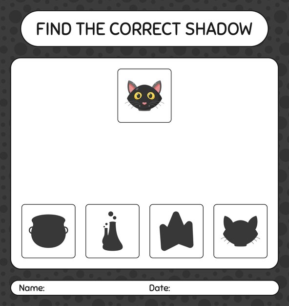 Encontre o jogo de sombras correto com o gato preto. planilha para crianças em idade pré-escolar, planilha de atividades para crianças